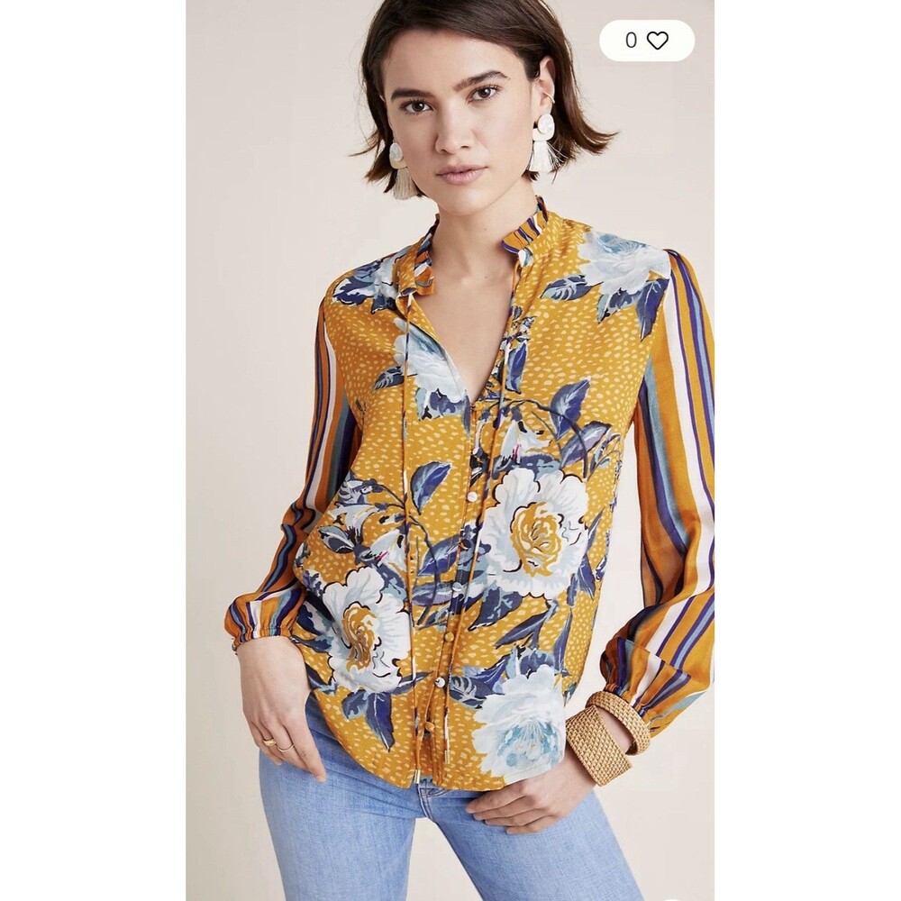 Anthropologie Bl-nk London Breton Peasant Top Size S Floral Striped Boho Yellow